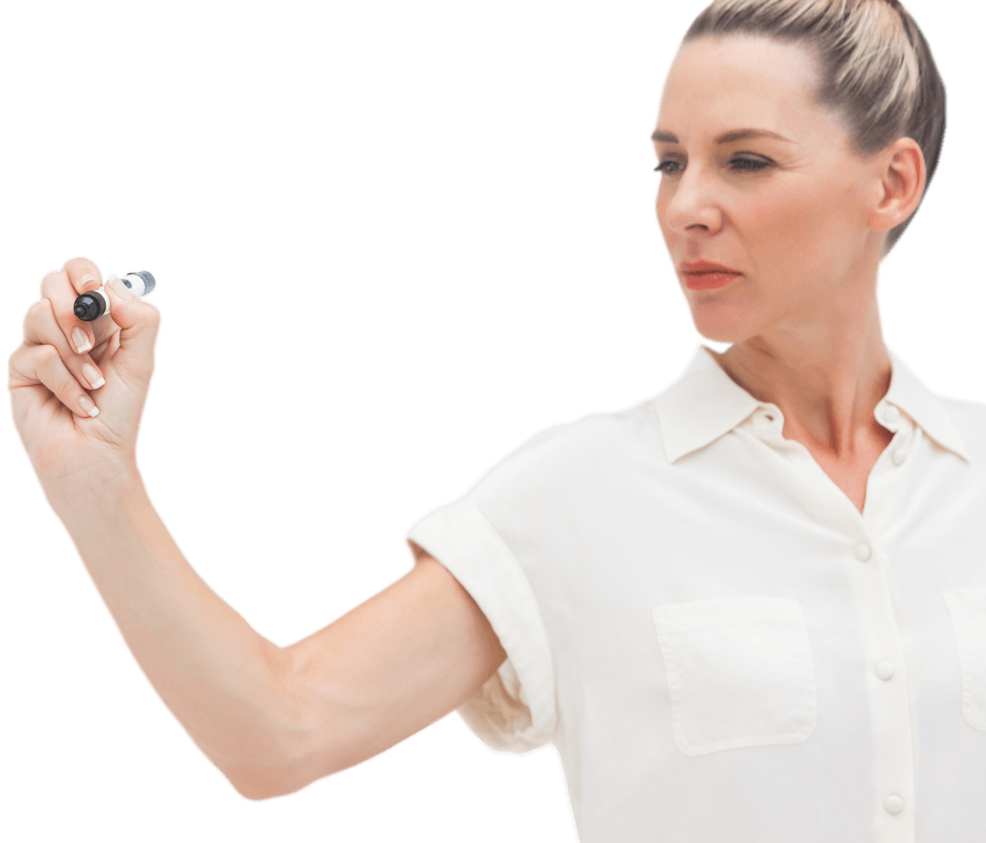 Focused Woman Writing with Marker on Transparent Background