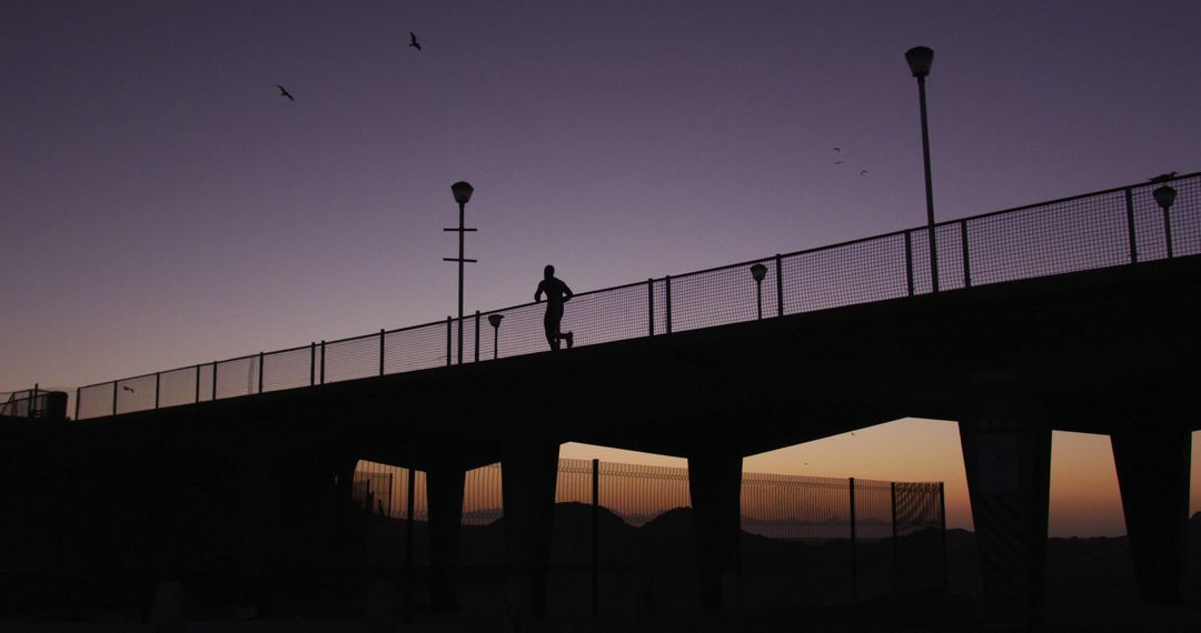 Silhouette of Man Running on Bridge at Sunset
