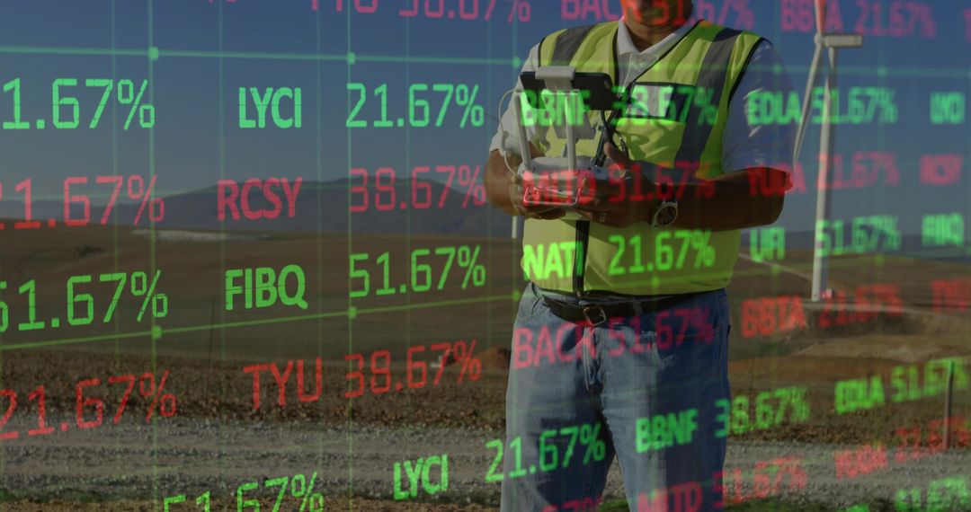 Windfarm Technician Monitoring Turbine Performance with Tablet and Market Ticker Overlay