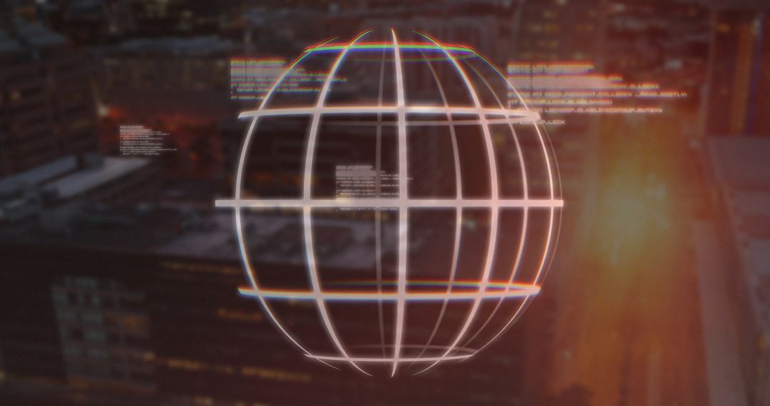 Digital Globe Overlapped with Futuristic Cityscape at Dusk