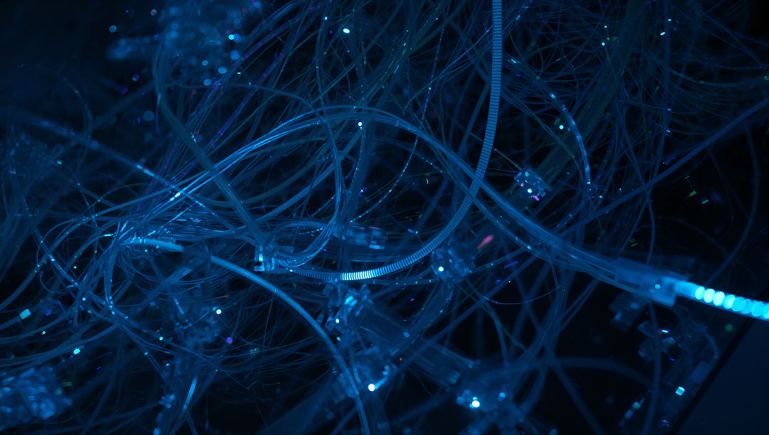 Glowing Blue Fiber Optic Mesh with Translucent Tubing and LED Connectors, Macro Tech