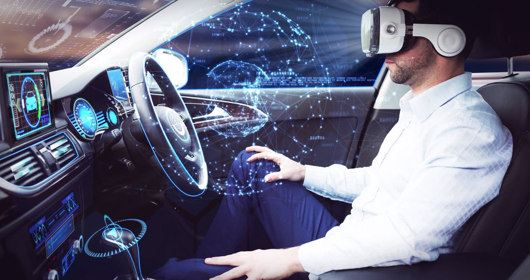 Businessman Experiencing Virtual Reality in Autonomous Car