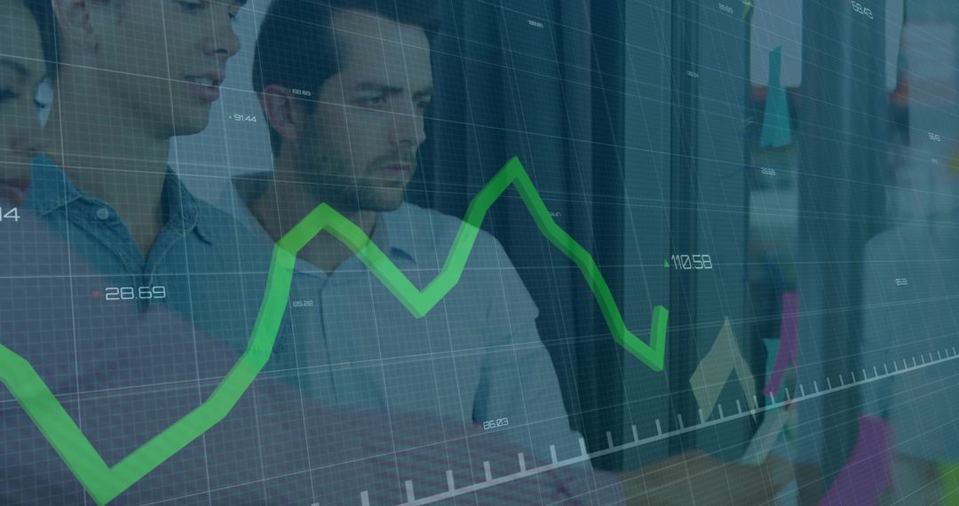 Team Analyzing Financial Data Using Green Line Chart Overlay for Office Collaboration