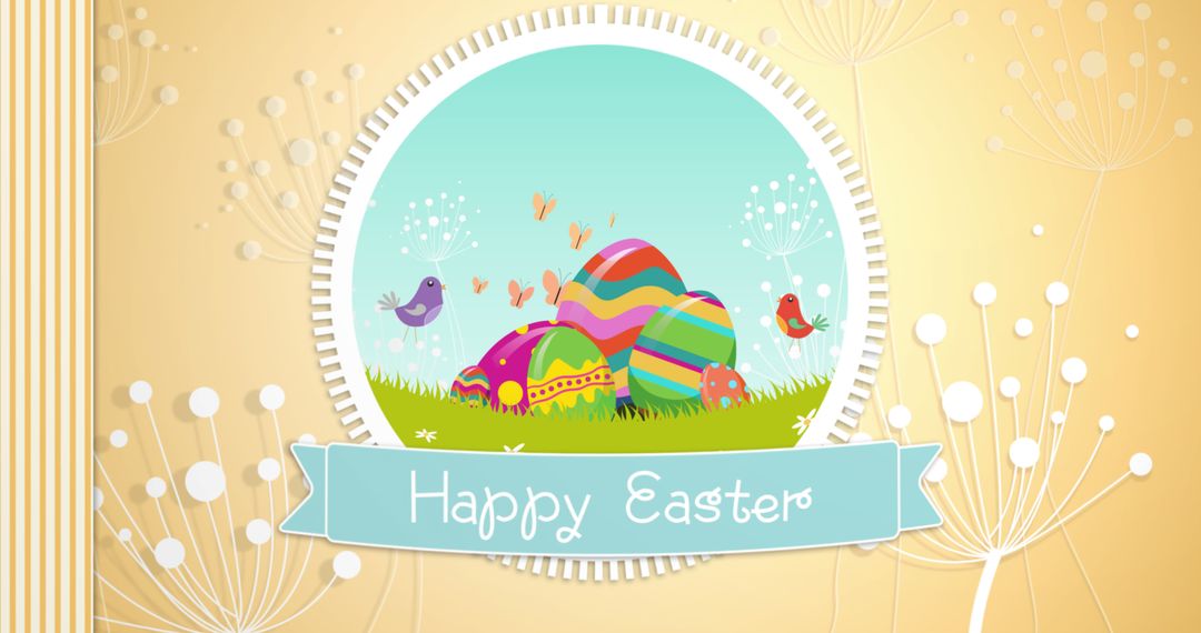 Colorful Easter Eggs in Field with Happy Easter Banner