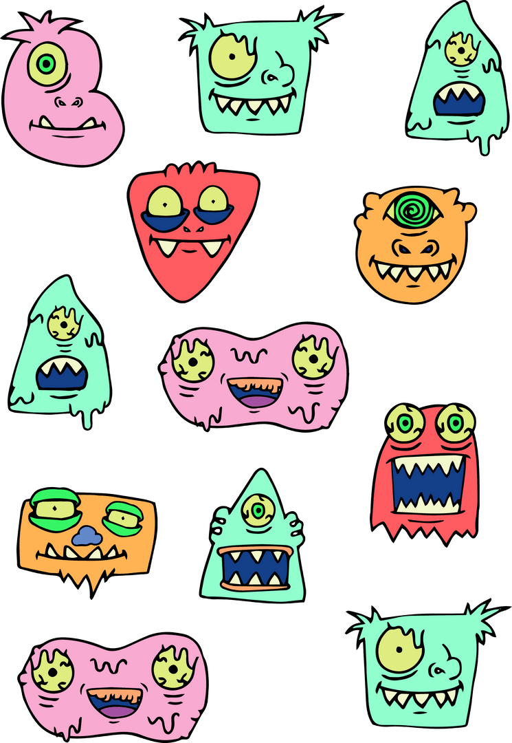 Colorful Cartoon Monster Faces on Transparent Background