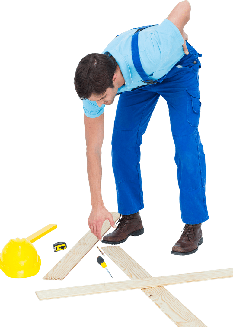 Repairman with Backache Bending to Pick Up Tools on Transparent Background