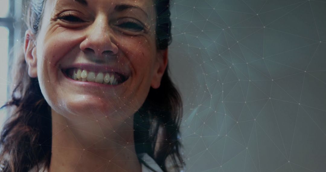 Smiling Professional Woman with Technology Mesh Overlay