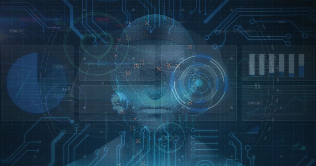 Futuristic AI Digital Interface with Human Face and Data Visualizations