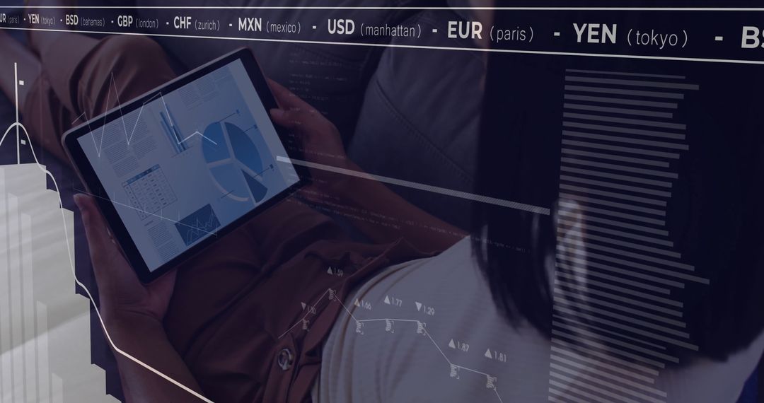 Executive Analyzing Financial Charts on Tablet with Currency Ticker Overlay