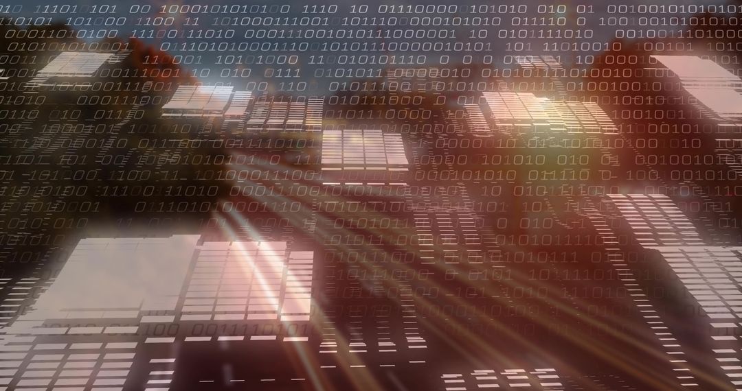 Futuristic Glass Facade with Binary Code Overlay Reflecting Sunlight