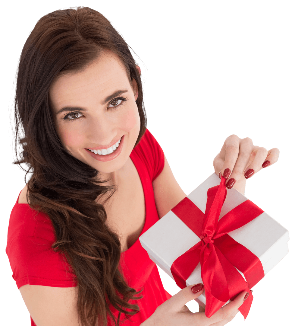 Transparent Smiling Woman Holding Gift Box with Red Ribbon