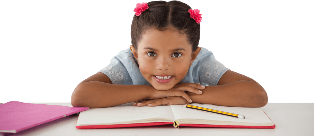 Smiling Girl Leaning on Notebook at Desk with Transparent Background