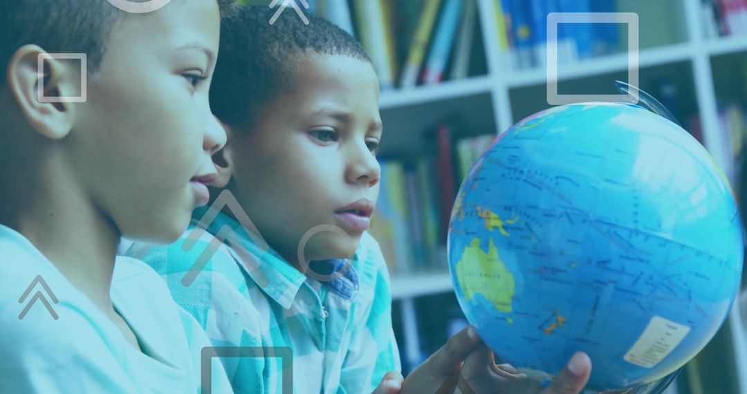 Two Boys Exploring Globe in Classroom Library Studying Geography and Hands-On Learning