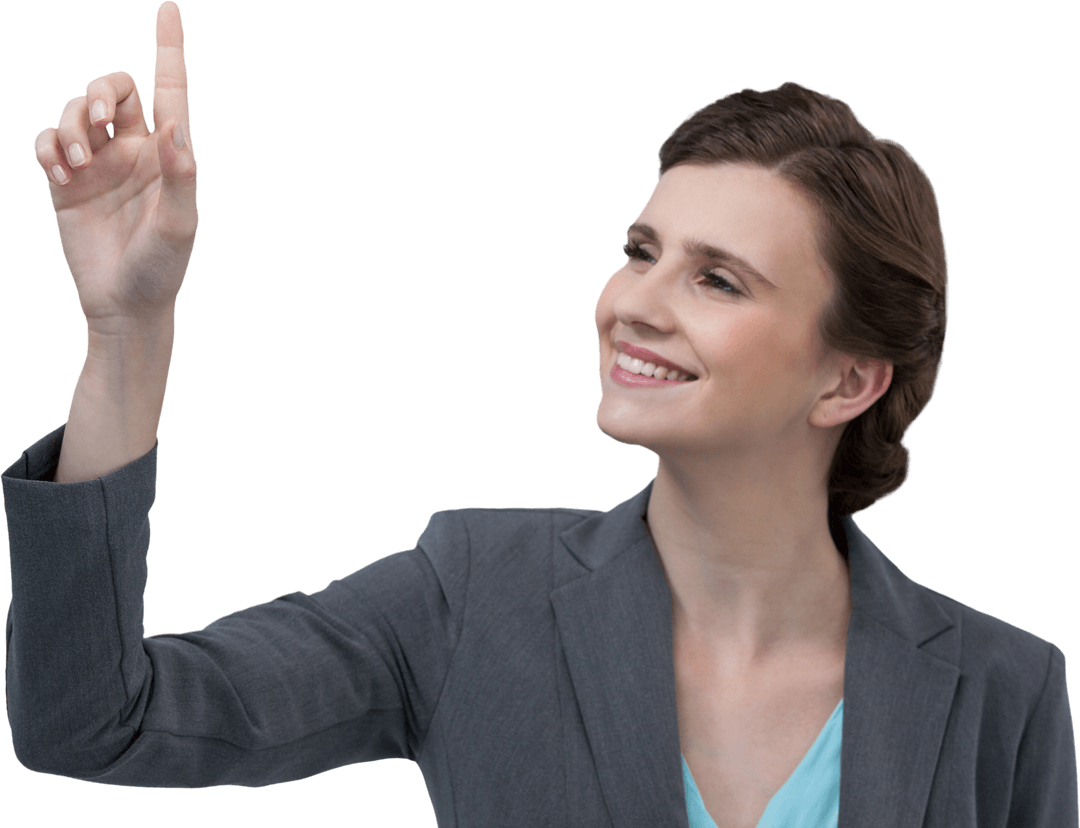 Cheerful Businesswoman Using Transparent Virtual Screen