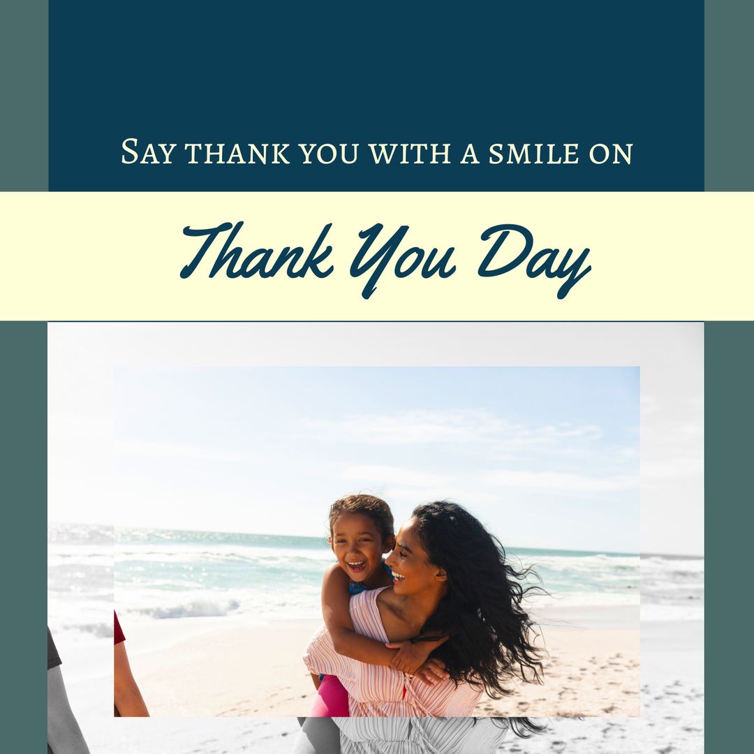 Joyful Mother Carrying Daughter on Beach for Thank You Day