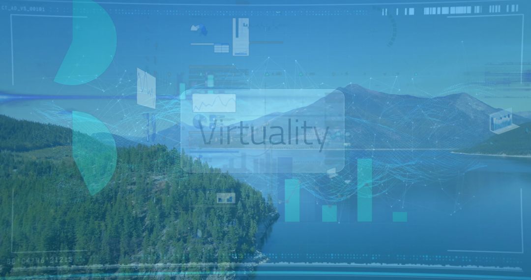 Virtual Technology Interface with Serene Mountain Lake Background