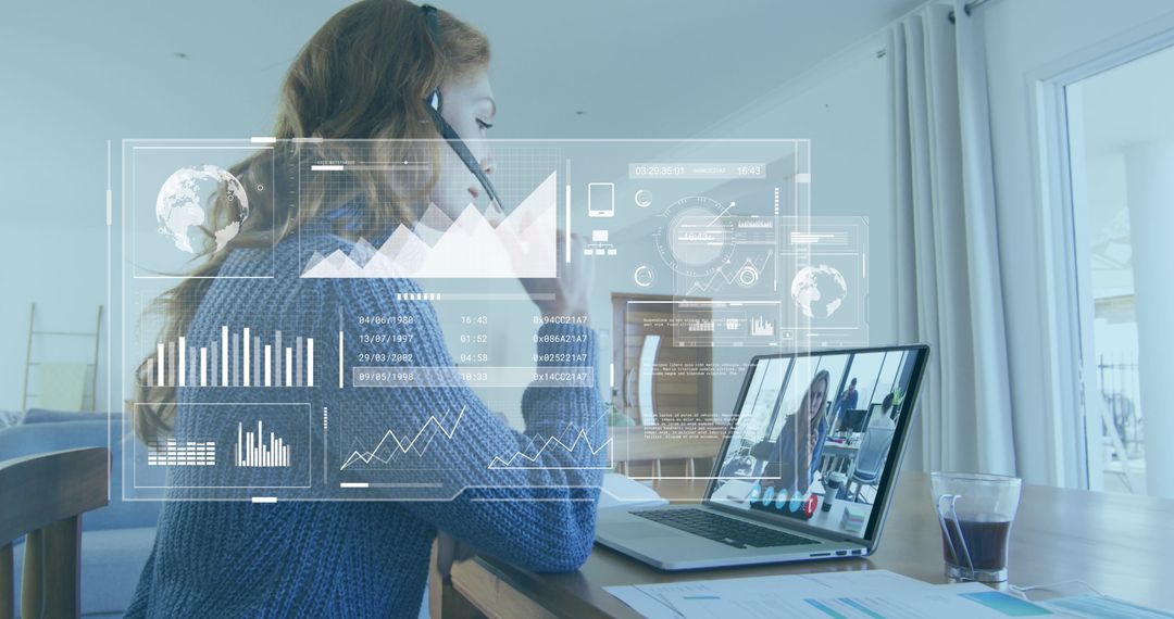 Businesswoman Engaged in Virtual Meeting with Data Analyzing Visuals