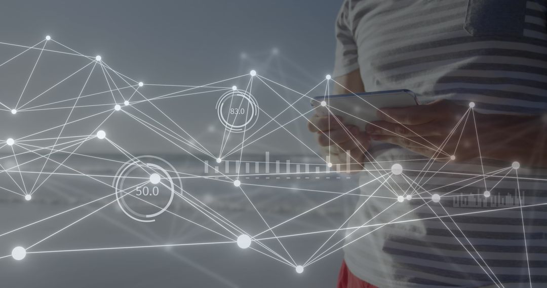 Futuristic Network Overlay with Woman Using Tablet