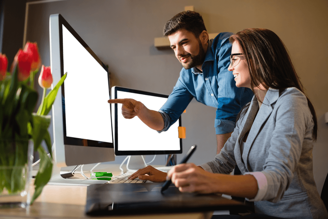 Coworkers Collaborating in Modern Office with Transparent Displays