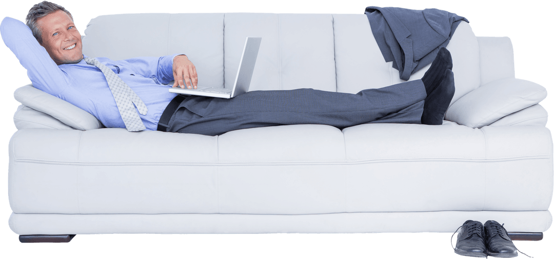 Transparent Businessman Relaxing with Laptop on Sofa