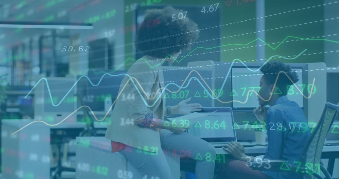 Financial Analysts Discussing Stock Market Data in Modern Office