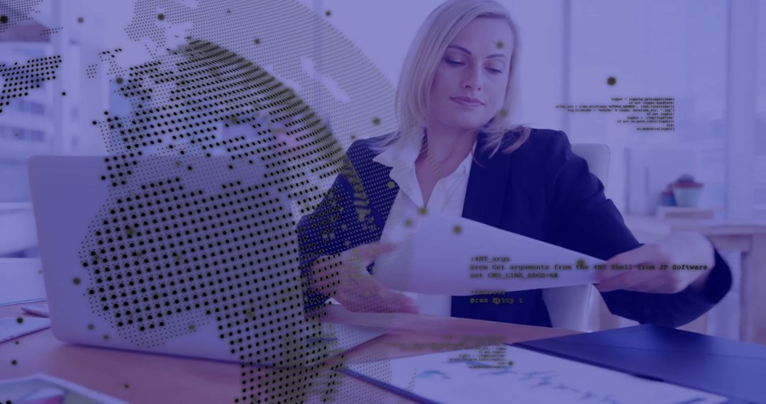 Businesswoman Analyzing Financial Data with Global Network Visualization