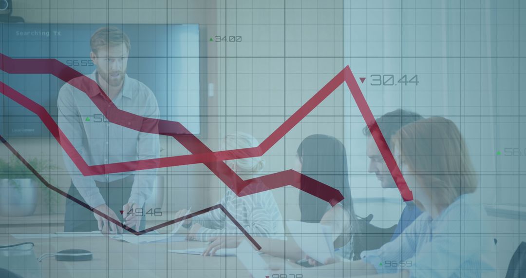 Business Team Analyzing Statistics with Digital Graph Overlay