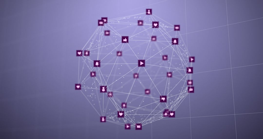 Digital Network Sphere with Social Media Icons on Purple Background