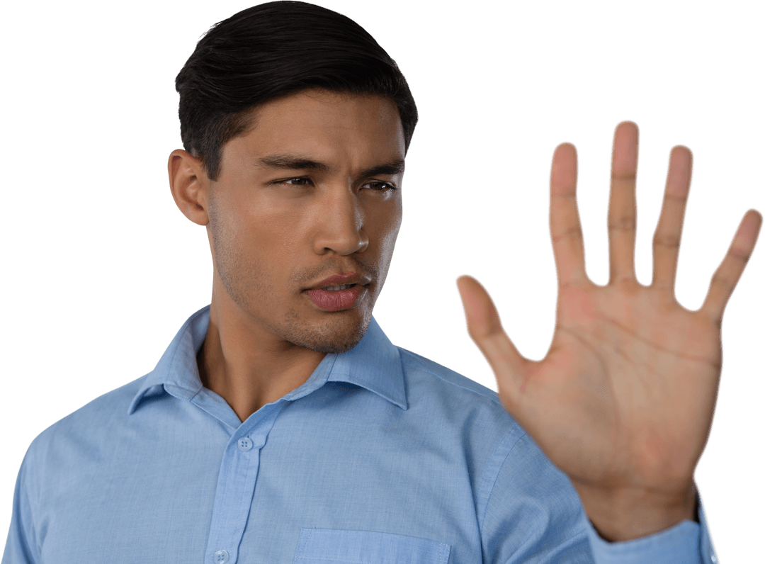 Businessman in Blue Shirt Touching Transparent Virtual Screen