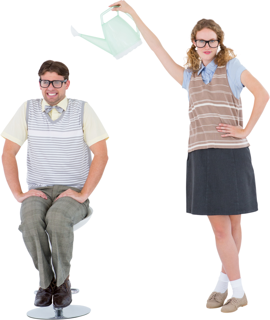 Transparent Prank Image Featuring Humorous Geeky Couple With Watering Can - Download Free Stock Images Pikwizard.com