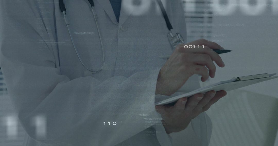 Doctor Recording Patient Data on Clipboard in Clinical Environment