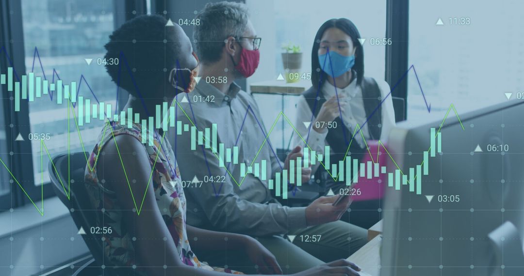 Business Colleagues Analyzing Financial Market Data with Overlaying Graphs