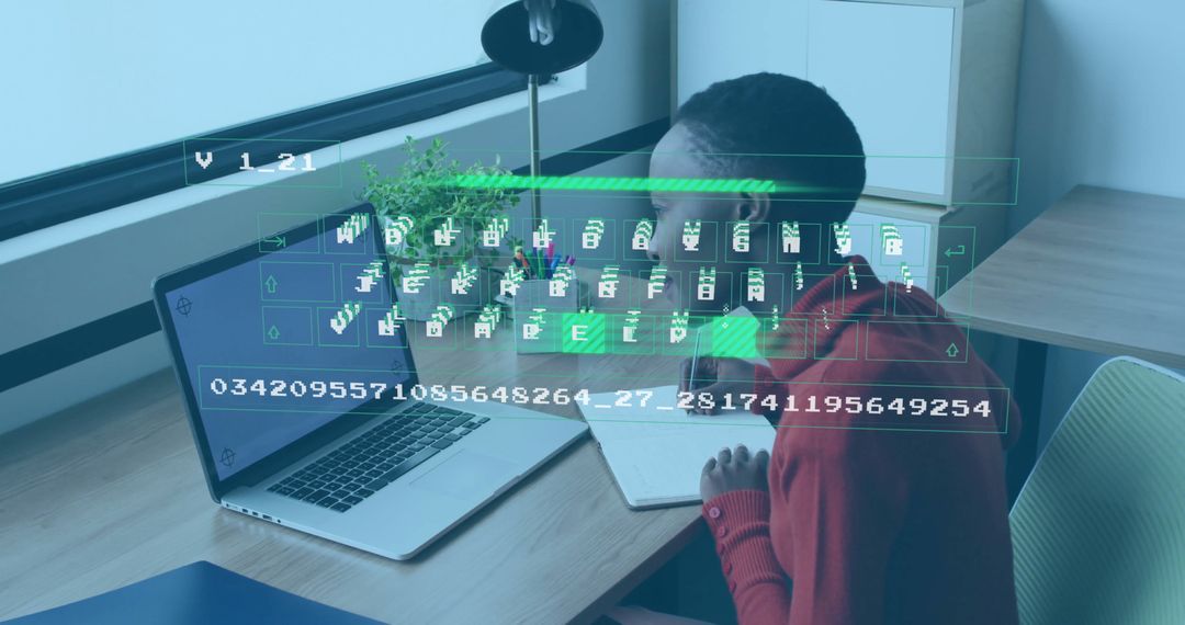 Woman in Home Office Focused on Laptop with Futuristic Digital Interface