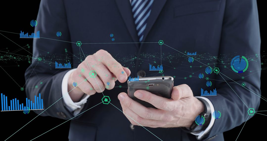 Businessman Connected to Global Network via Smartphone