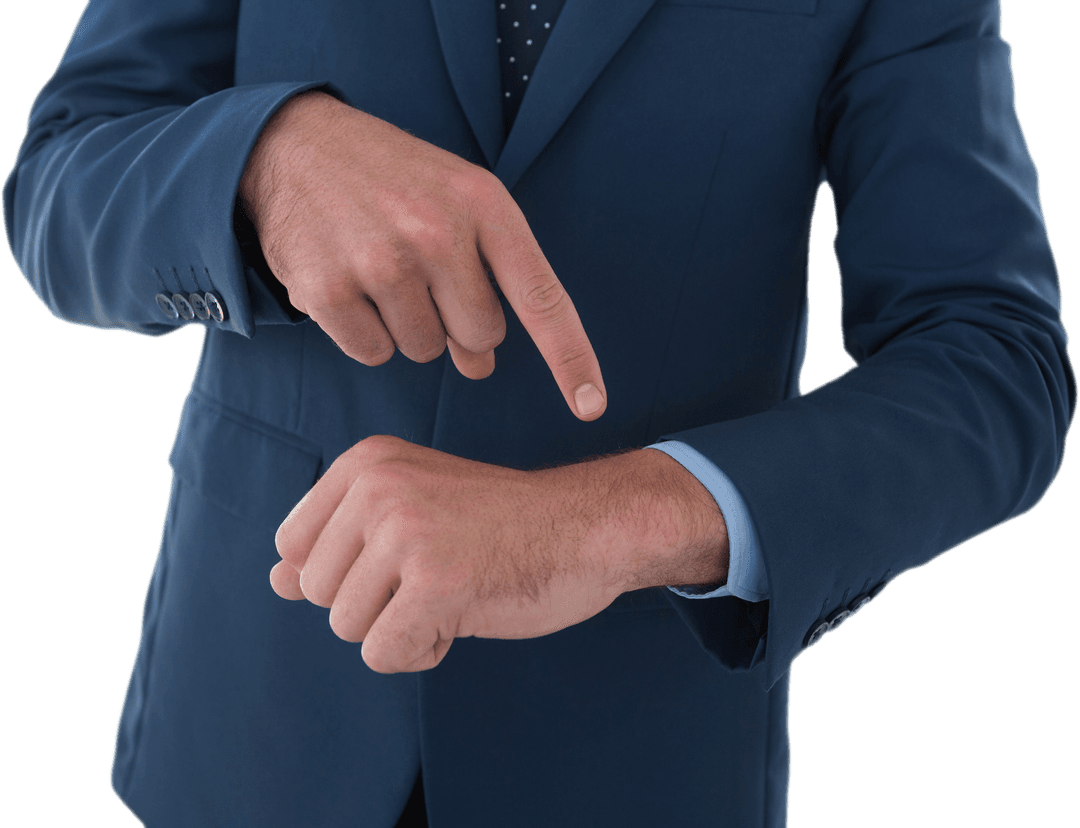 Businessman Gesturing Immense Device on Transparent Background