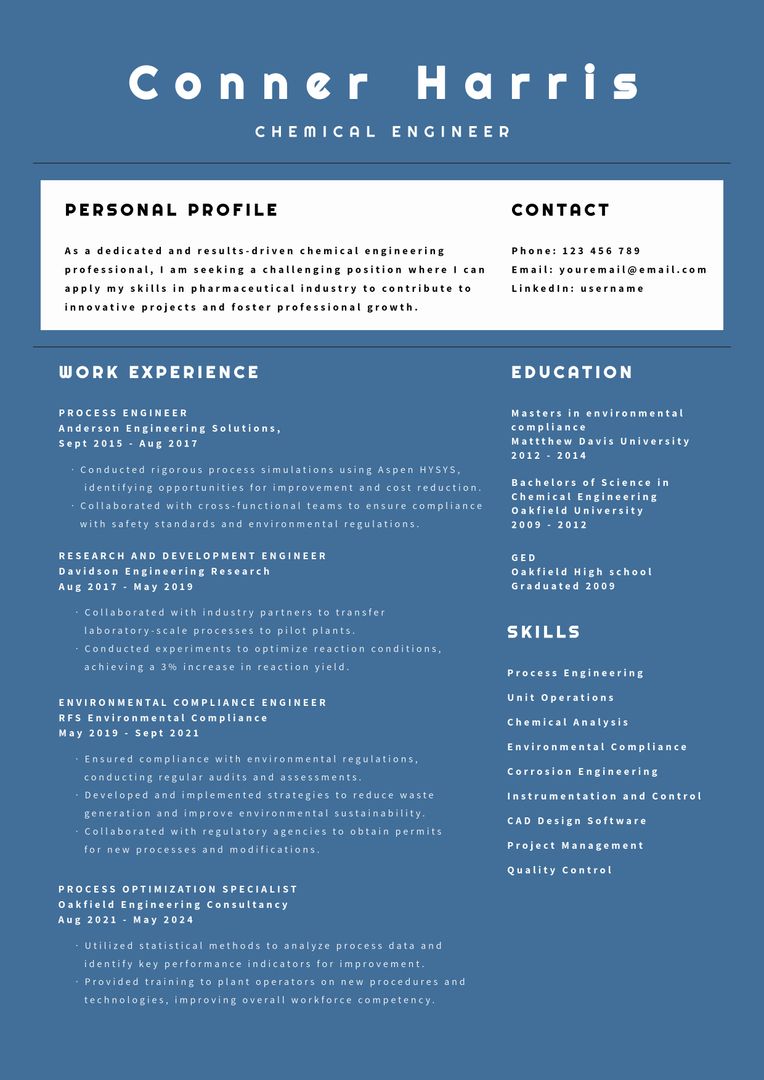Chemical Engineer Resume Showcasing Professional Experience and Skills - Download Free Stock Templates Pikwizard.com