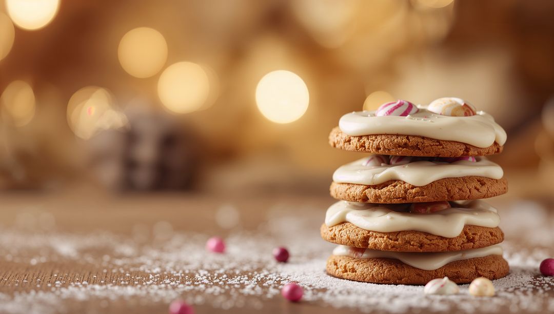Stacked ginger cookies with white icing and striped candy on sugar-dusted wood with warm bokeh