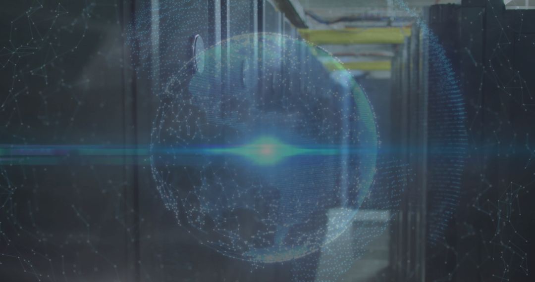 Glowing Global Network Overlay on Computer Server Room