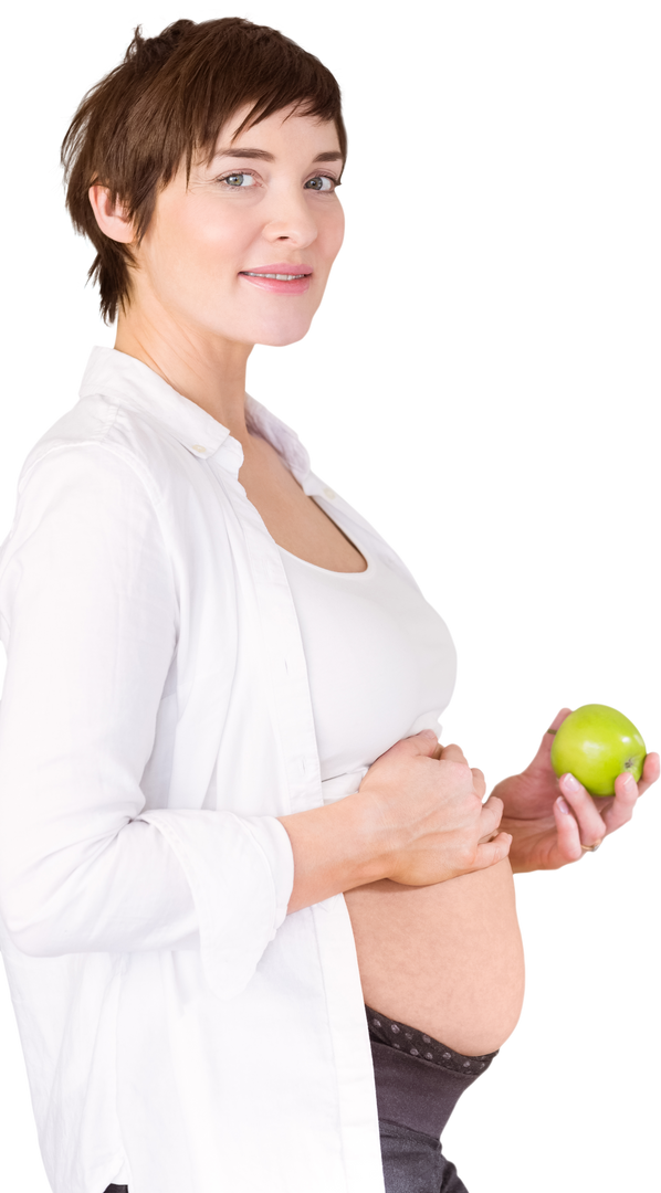 Transparent Pregnant Woman Holding Green Apple Smiling in White Shirt - Download Free Stock Images Pikwizard.com