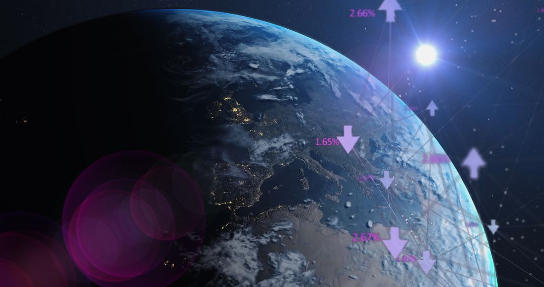 Earth with Global Network Icons Illuminated by Sunlight in Outer Space