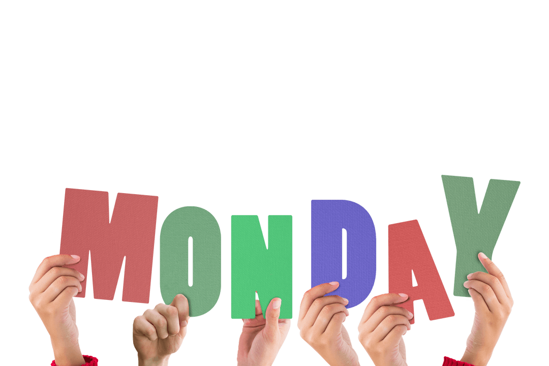 Hands Holding Colorful Monday Letters on Transparent Background