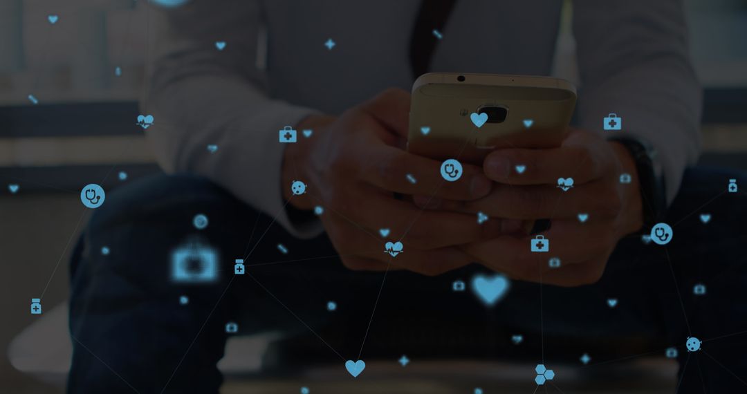 Man Using Smartphone Amidst Digital Network with Icons