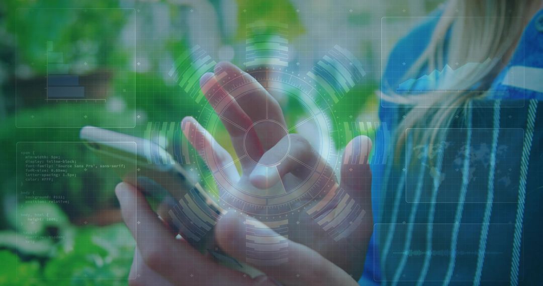 Woman Hovering Finger Over Smartphone Displaying Augmented Reality Interface on Balcony