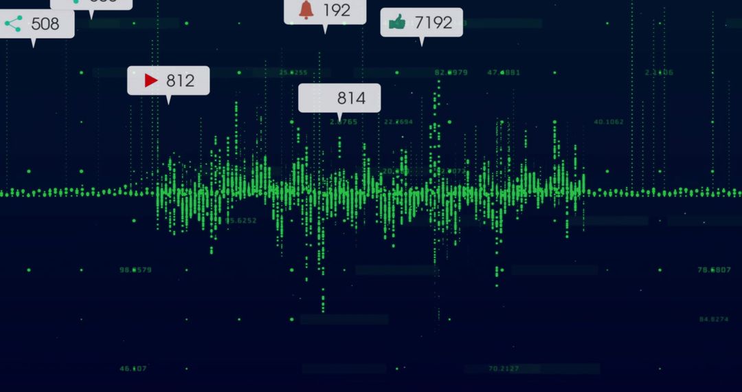Neon Green Waveform Data Visualization Displaying Social Metric Bubbles on Dark Analytics Dashboard
