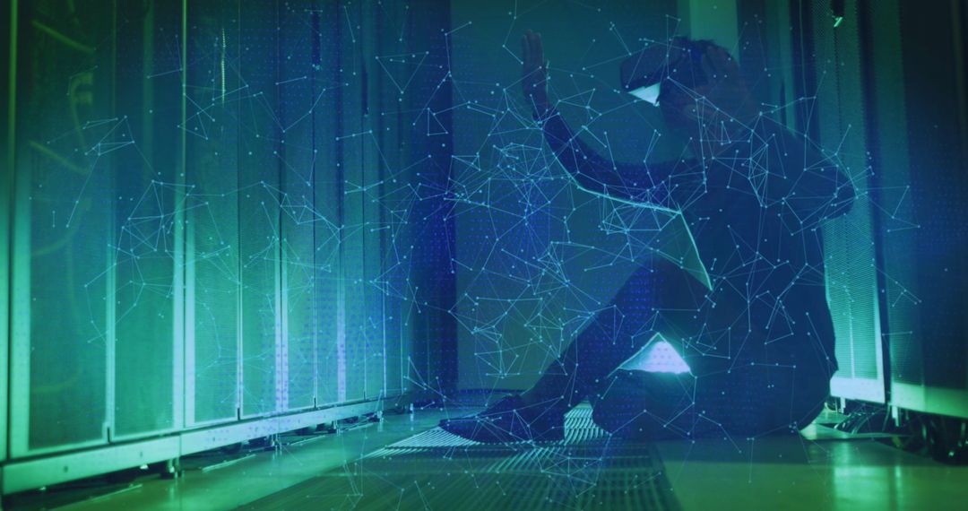 Caucasian Man with VR Headset in Data Center Visualization