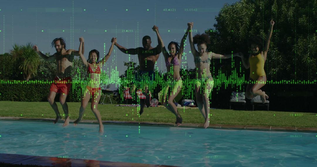 Friends Happily Jumping into Pool with Digital Data Effects