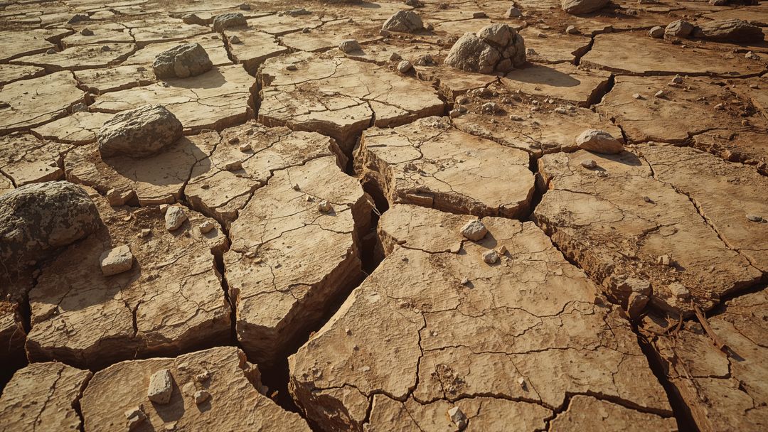 Cracked dry earth with deep earthquake fissures and rocks