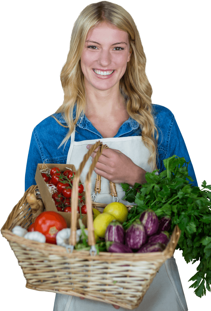 Smiling Woman Holding Transparent Basket of Fresh Vegetables