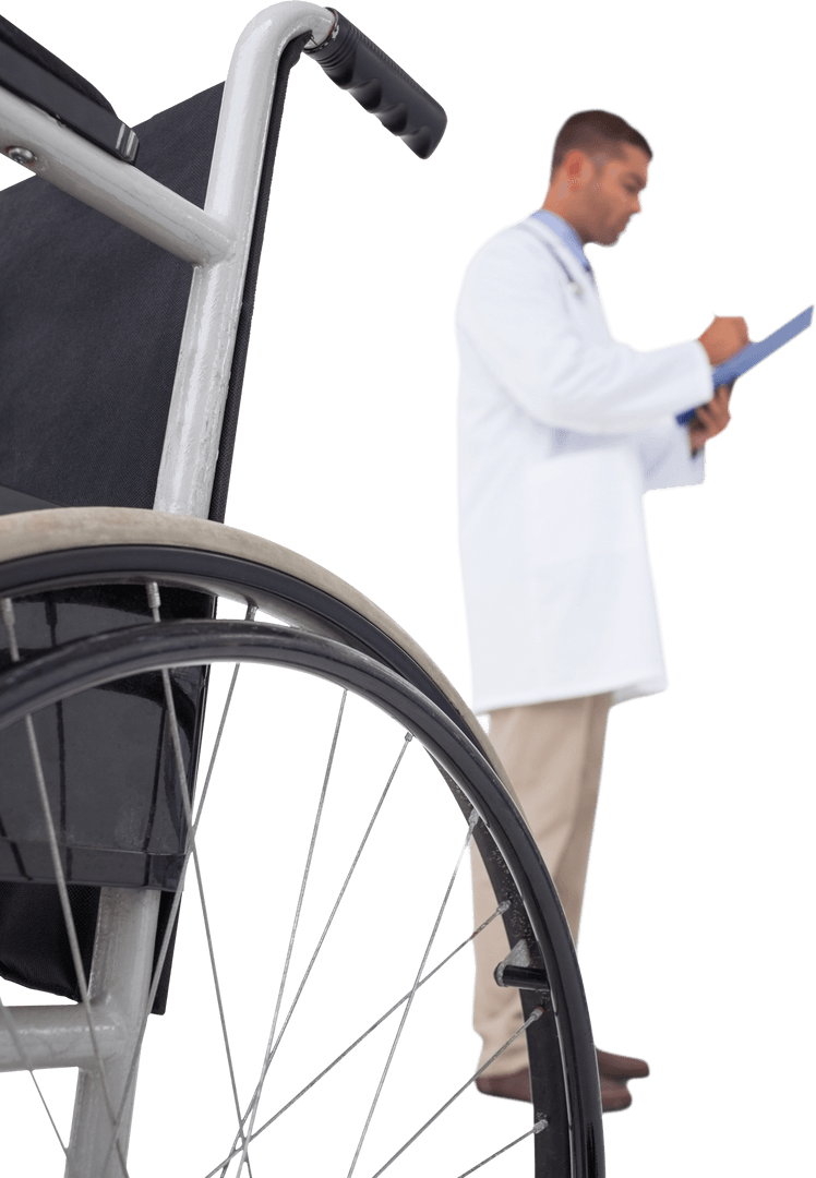 Medical Professional Inspecting Empty Wheelchair on Transparent Background