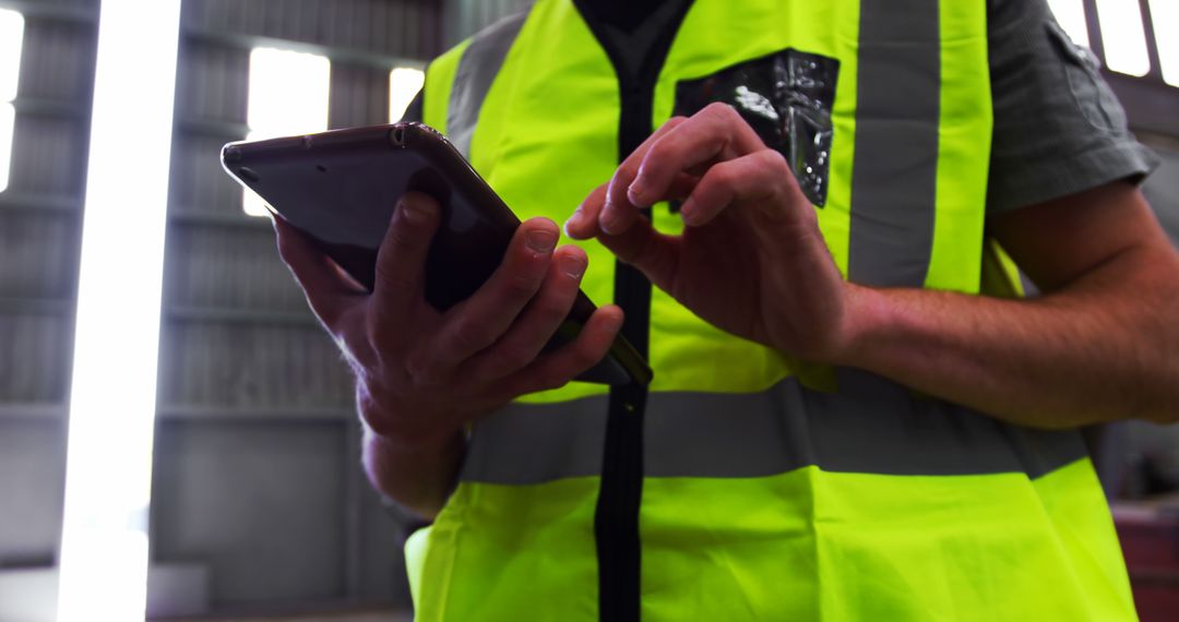 Worker Using Tablet for Modern Safety and Efficiency in Industrial Setting - Free Images, Stock Photos and Pictures on Pikwizard.com